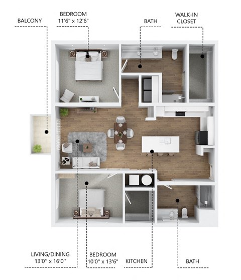 Floor plan for 2 beds, 2 baths, 1154 sqft